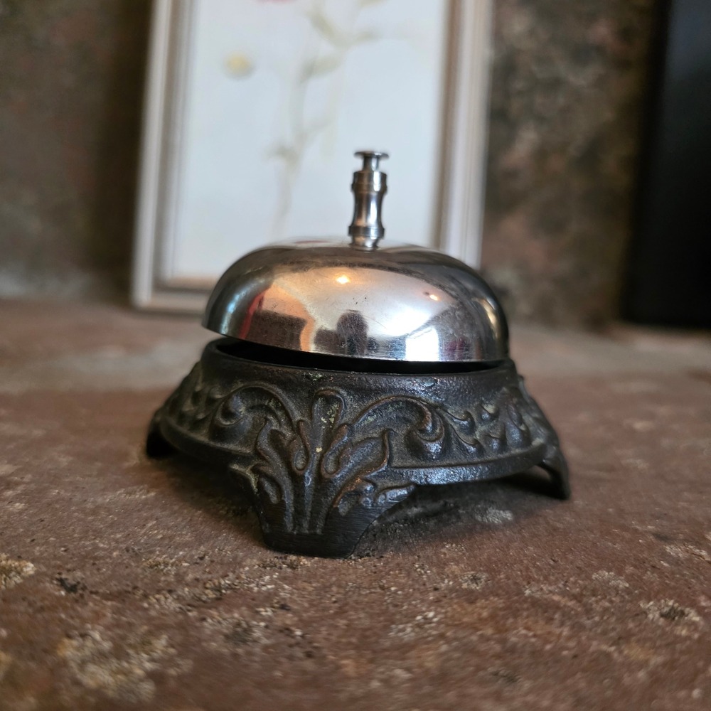 Vintage Ornate Desk Bell Cast Metal Base Silver Tone Reception Call Bell 3.5in